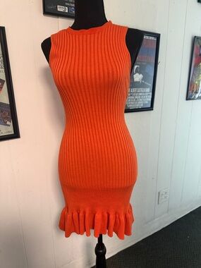 Sleeveless Ribbed Mini Dress with Ruffle Hem in Bright Orange
